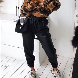 BLACK FAUX LEATHER DRAWSTRING WAIST JOGGERS